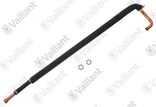 Vaillant Rohr, gekrümmte Form mit einer metallischen und beschichteten Oberfläche, zwei O-Ringen darauf abgelegt.